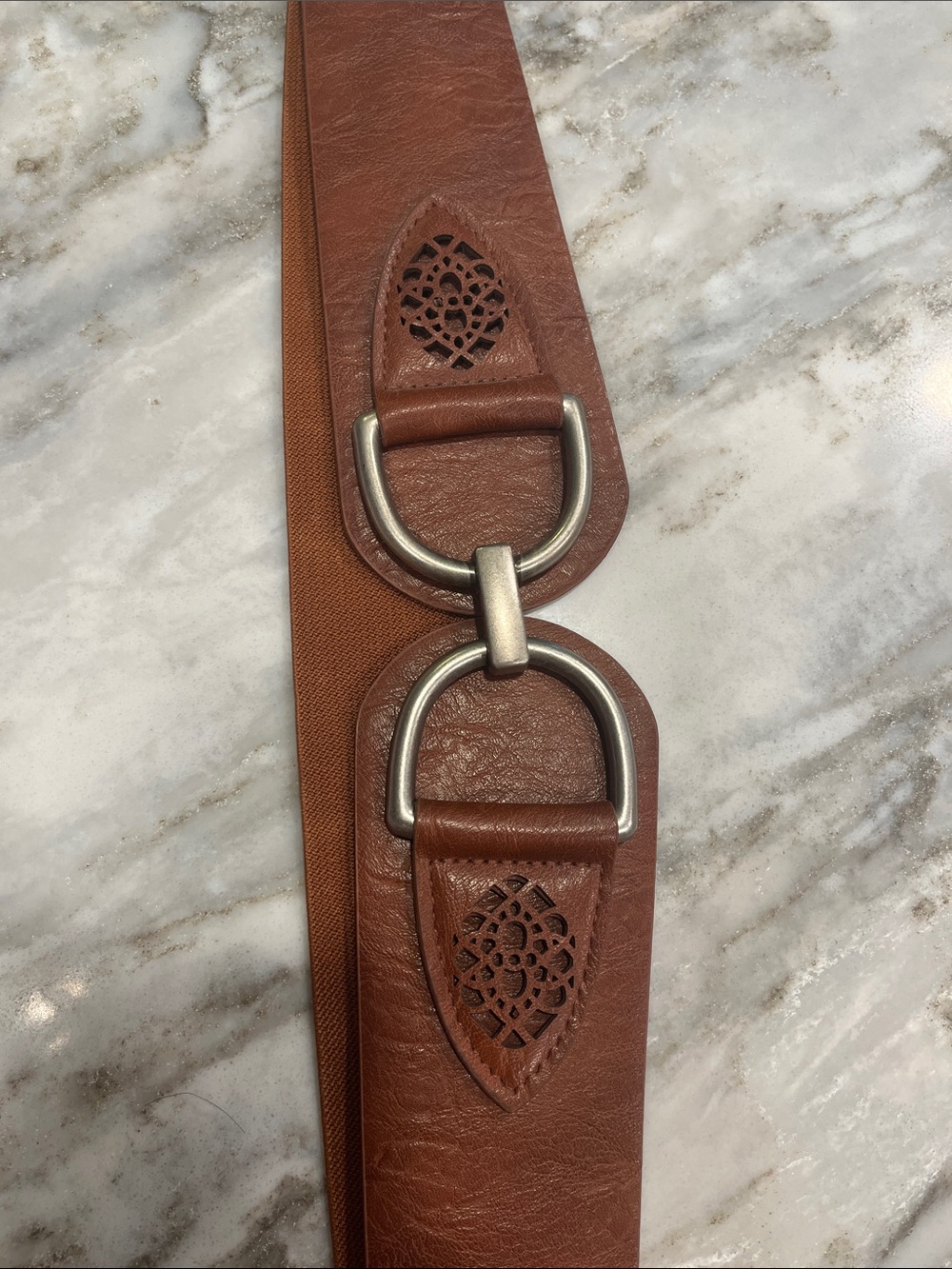 Brown Leather Women’s Belt with Silver Hardware, Elastic back.